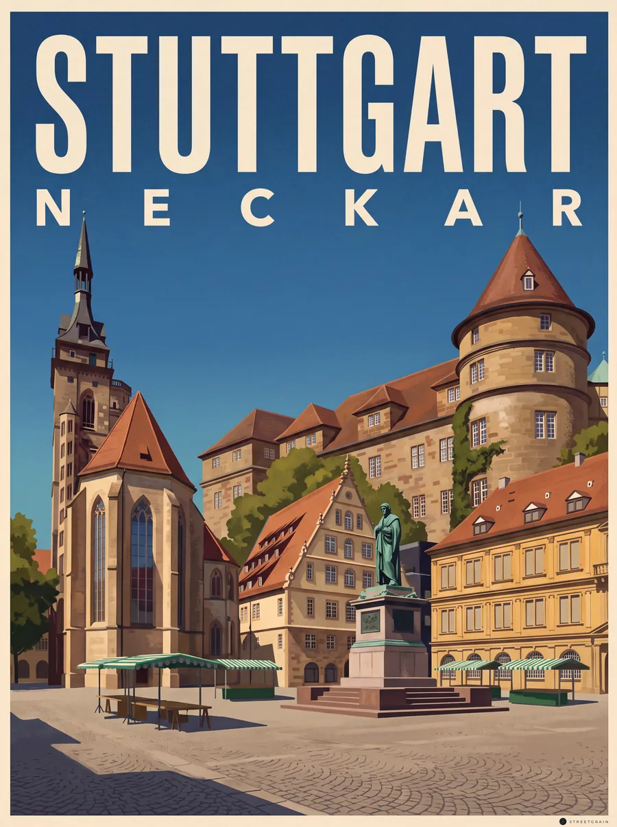 Schillerplatz in Stuttgart mit Schillerdenkmal, Stiftskirche und Altem Schloss, Malerisch