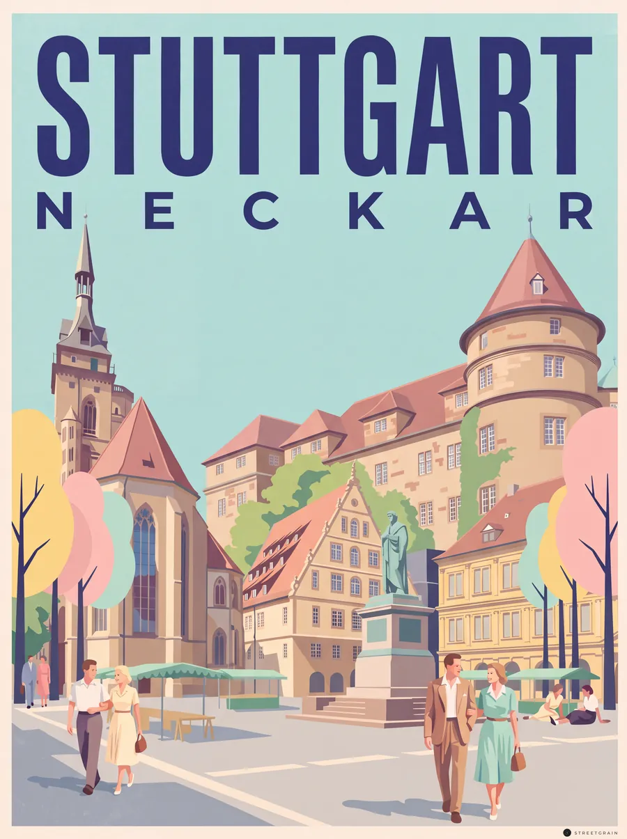 Schillerplatz in Stuttgart mit Schillerdenkmal, Stiftskirche und Altem Schloss, Mid-Century