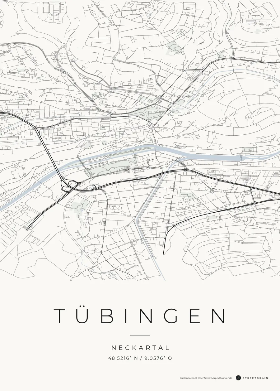 Tübingen-Karte in dunkle Straßen auf Weiß