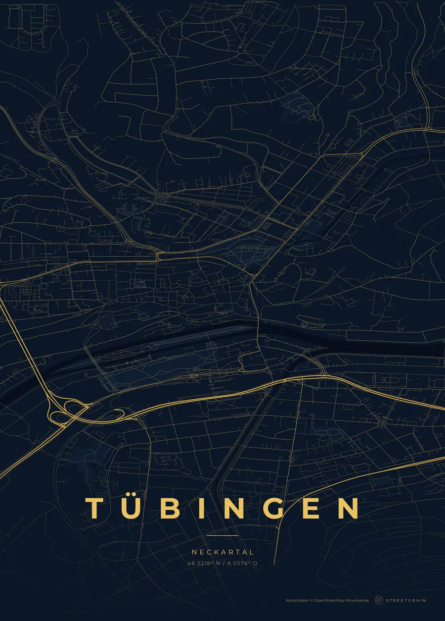 Tübingen-Karte in Nachtblau mit goldenen Hauptstraßen