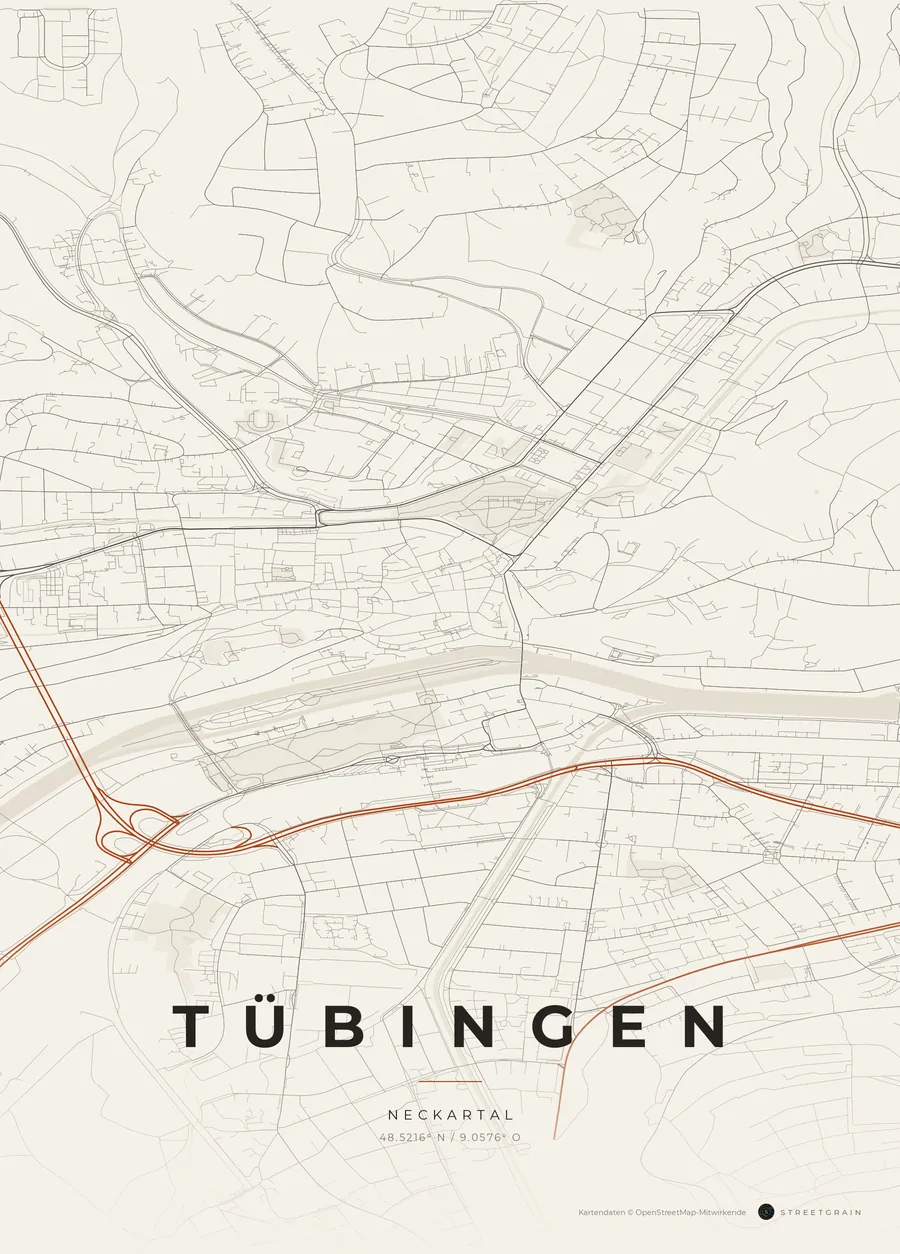 Tübingen-Karte in Papierweiß mit rostroten Hauptstraßen
