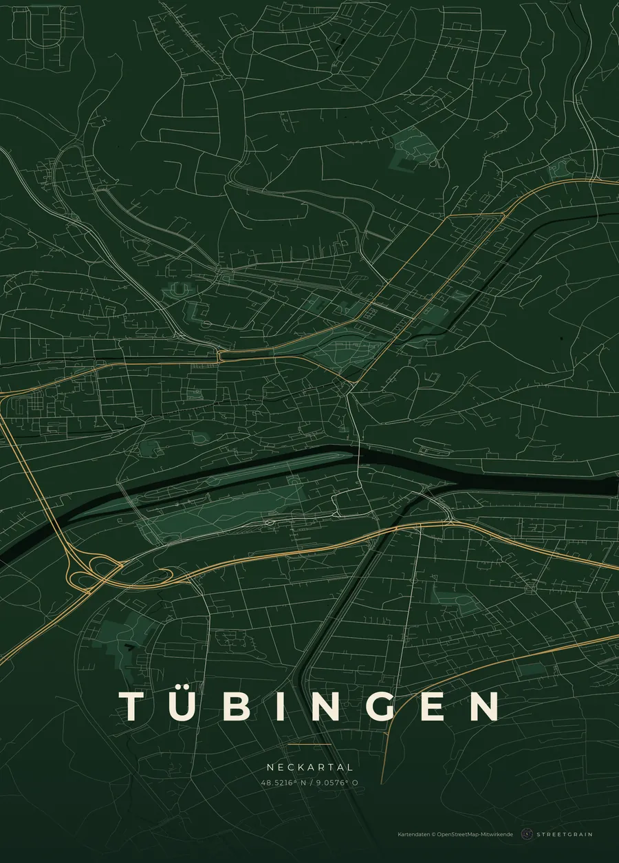 Tübingen-Karte in Schwarzwaldgrün mit cremefarbenen Straßen