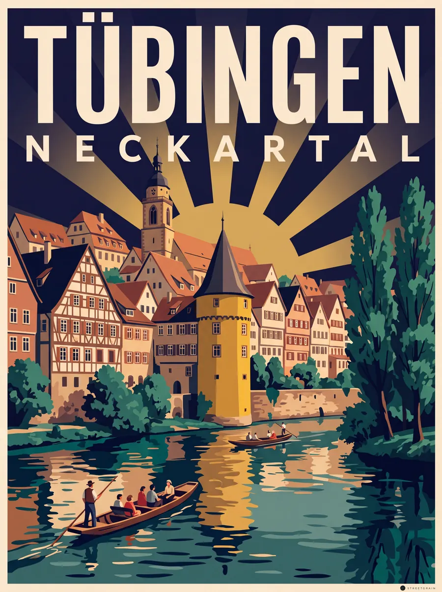 Tübinger Neckarfront mit Hölderlinturm und Stocherkahn, Art déco