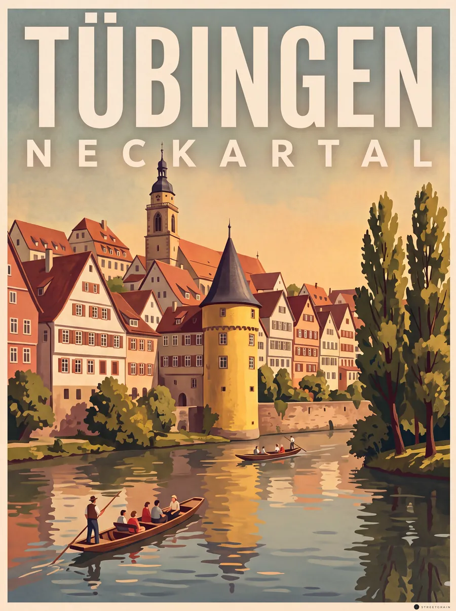 Tübinger Neckarfront mit Hölderlinturm und Stocherkahn, Malerisch