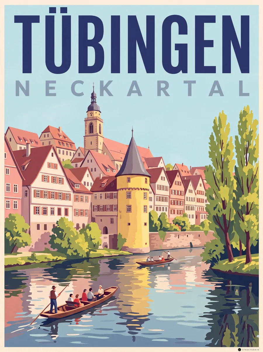 Tübinger Neckarfront mit Hölderlinturm und Stocherkahn, Mid-Century