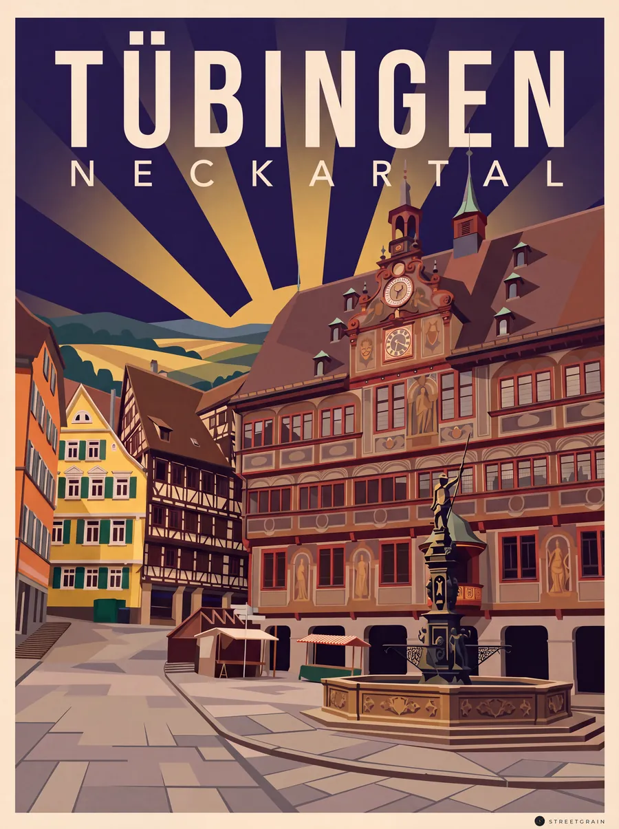 Tübinger Marktplatz mit bemaltem Rathaus und Neptunbrunnen, Art déco