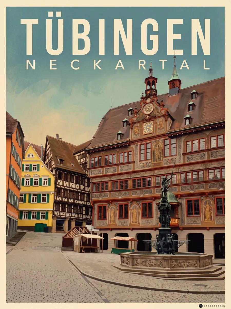 Tübinger Marktplatz mit bemaltem Rathaus und Neptunbrunnen, Malerisch
