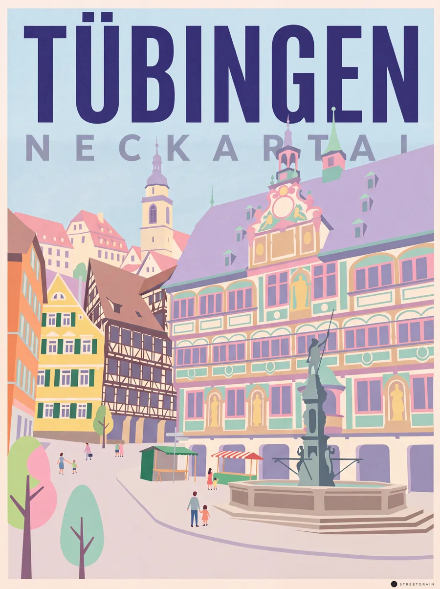 Tübinger Marktplatz mit bemaltem Rathaus und Neptunbrunnen, Mid-Century