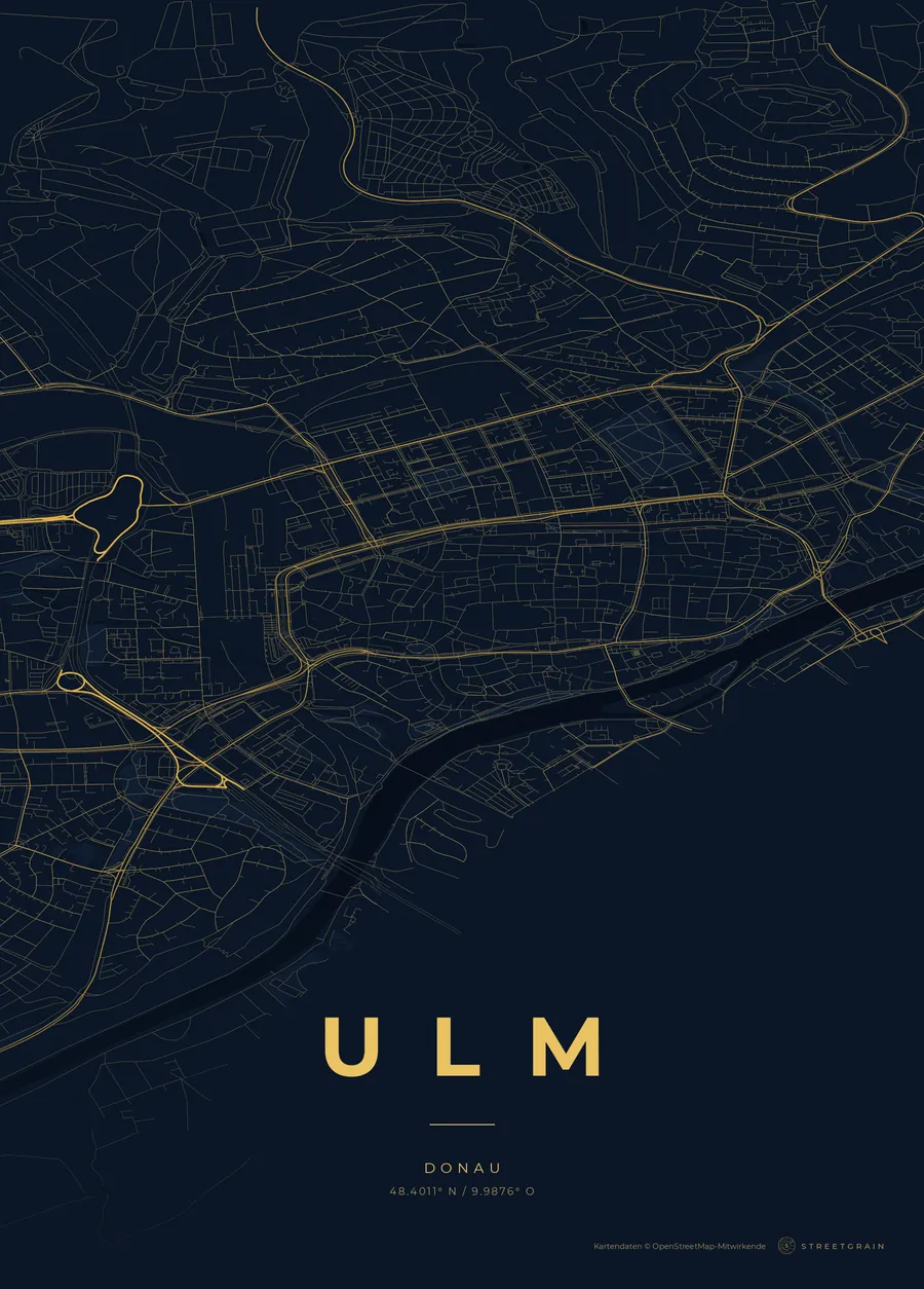 Ulm-Karte in Nachtblau mit goldenen Hauptstraßen