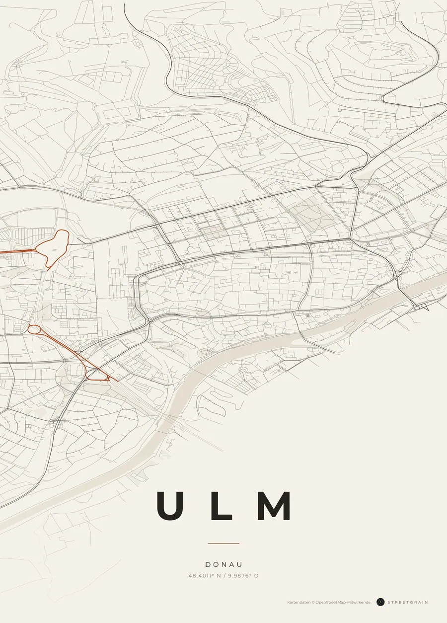 Ulm-Karte in Papierweiß mit rostroten Hauptstraßen