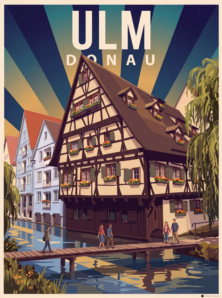 Schiefes Haus im Ulmer Fischerviertel über der Blau, Art déco
