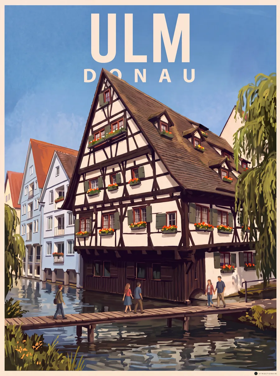 Schiefes Haus im Ulmer Fischerviertel über der Blau, Malerisch