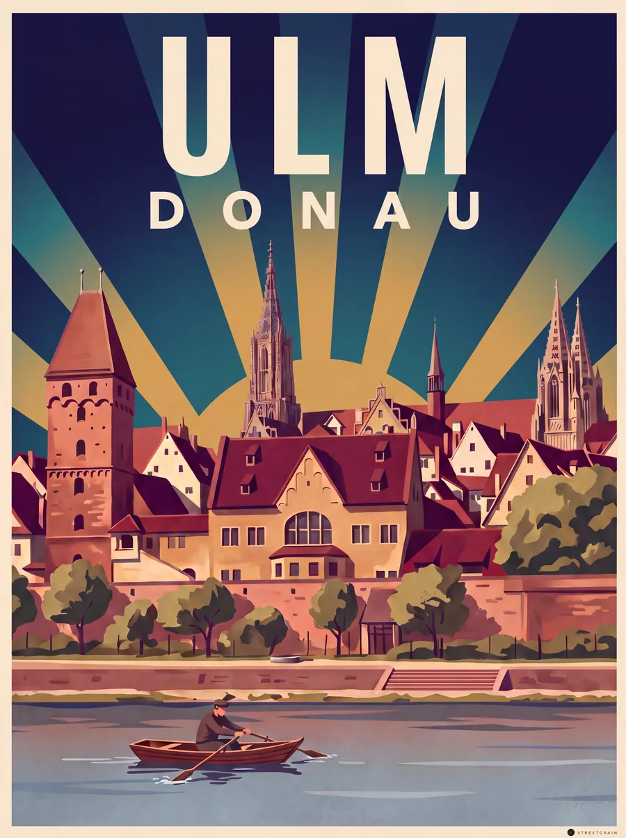 Ulm von der Donau aus mit Metzgerturm, Stadtmauer und Münster, Art déco