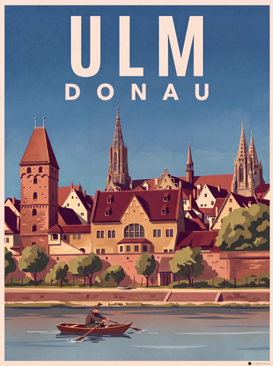 Ulm von der Donau aus mit Metzgerturm, Stadtmauer und Münster, Malerisch