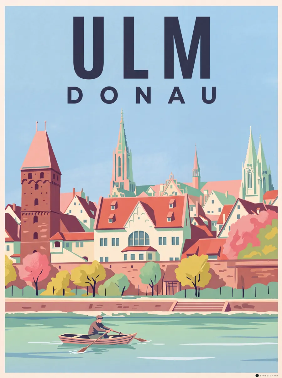 Ulm von der Donau aus mit Metzgerturm, Stadtmauer und Münster, Mid-Century